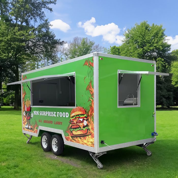 13FT GREEN FULL STICKER SQUARE FOOD TRAILER FOR FAST FOOD