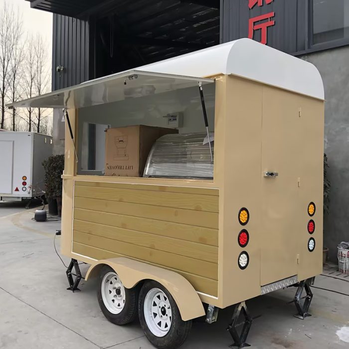 LIGHT YELLOW WOOD STRIPES HORSE FOOD TRAILER