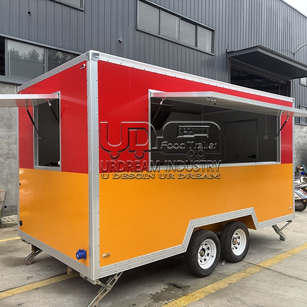 RED AND YELOW SINGLE WINDOW SQUARE FOOD TRAILER
