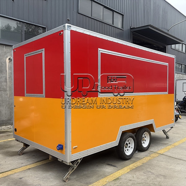 RED AND YELOW SINGLE WINDOW SQUARE FOOD TRAILER