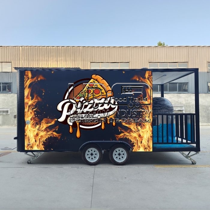 16.5ft black pizza square food trailer with fence and car stickers