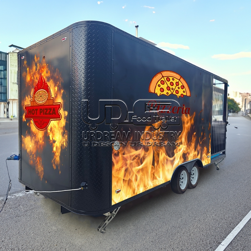 16.5ft black pizza square food trailer with fence and car stickers