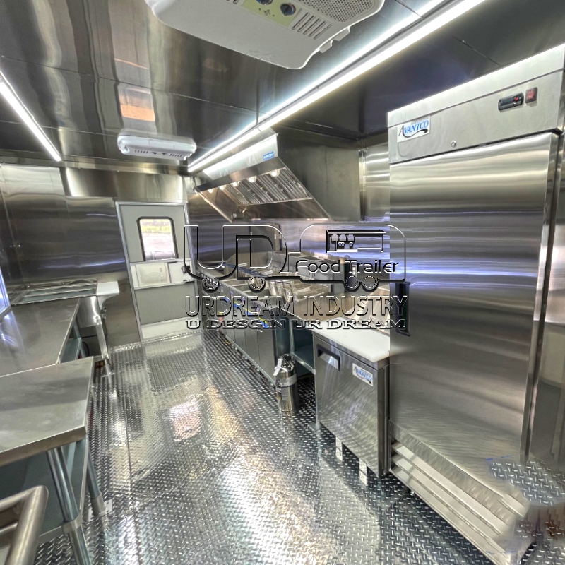 16.5ft black pizza square food trailer with fence and car stickers