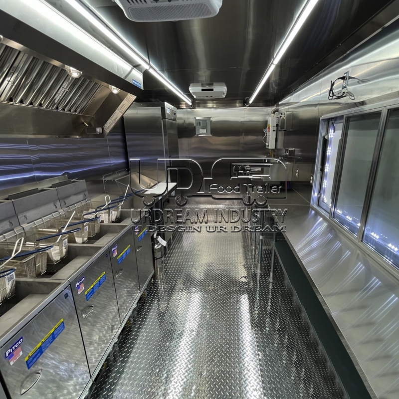 16.5ft black pizza square food trailer with fence and car stickers