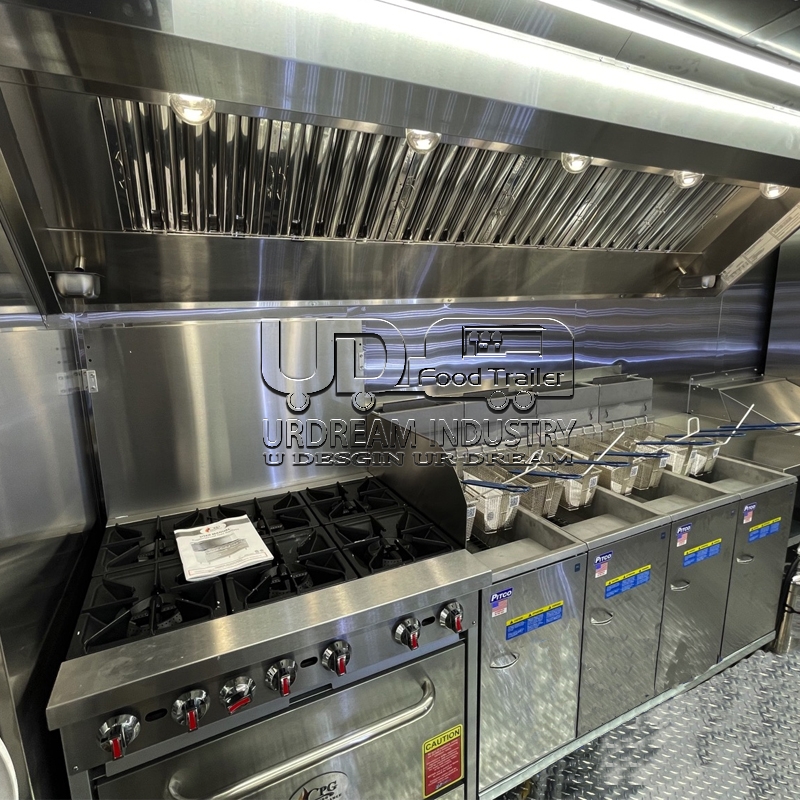 16.5ft black pizza square food trailer with fence and car stickers