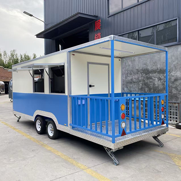 16.5FT Double Windows White and Blue Square Food Trailer with Fence