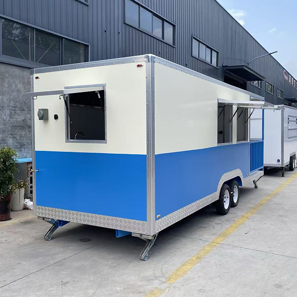 16.5FT Double Windows White and Blue Square Food Trailer with Fence